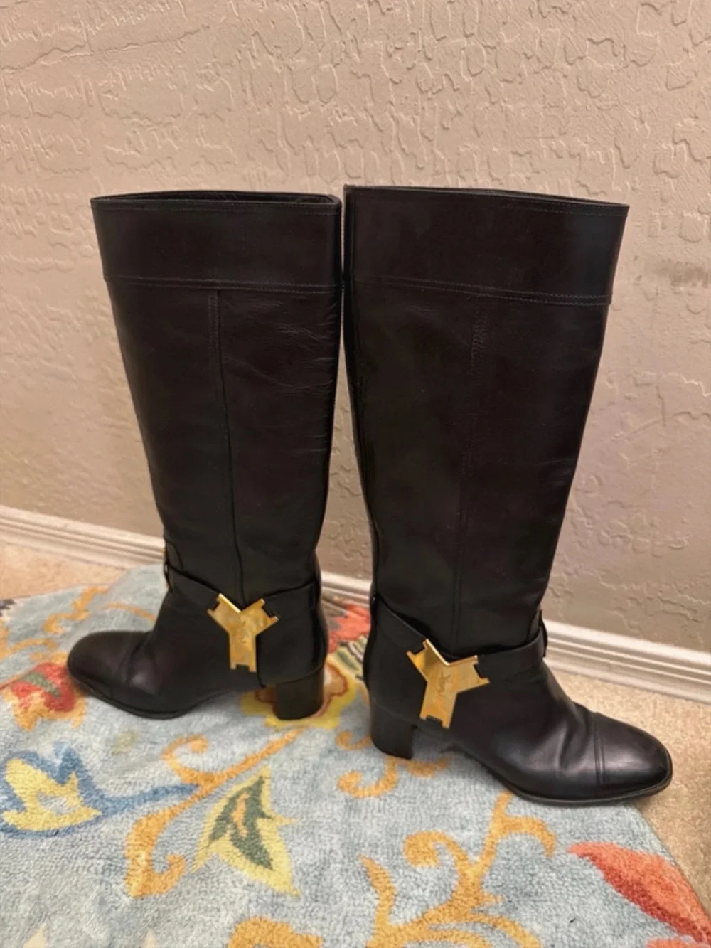 Yves Saint Laurent Black Over-the-Knee Leather Boots with Gold Studs